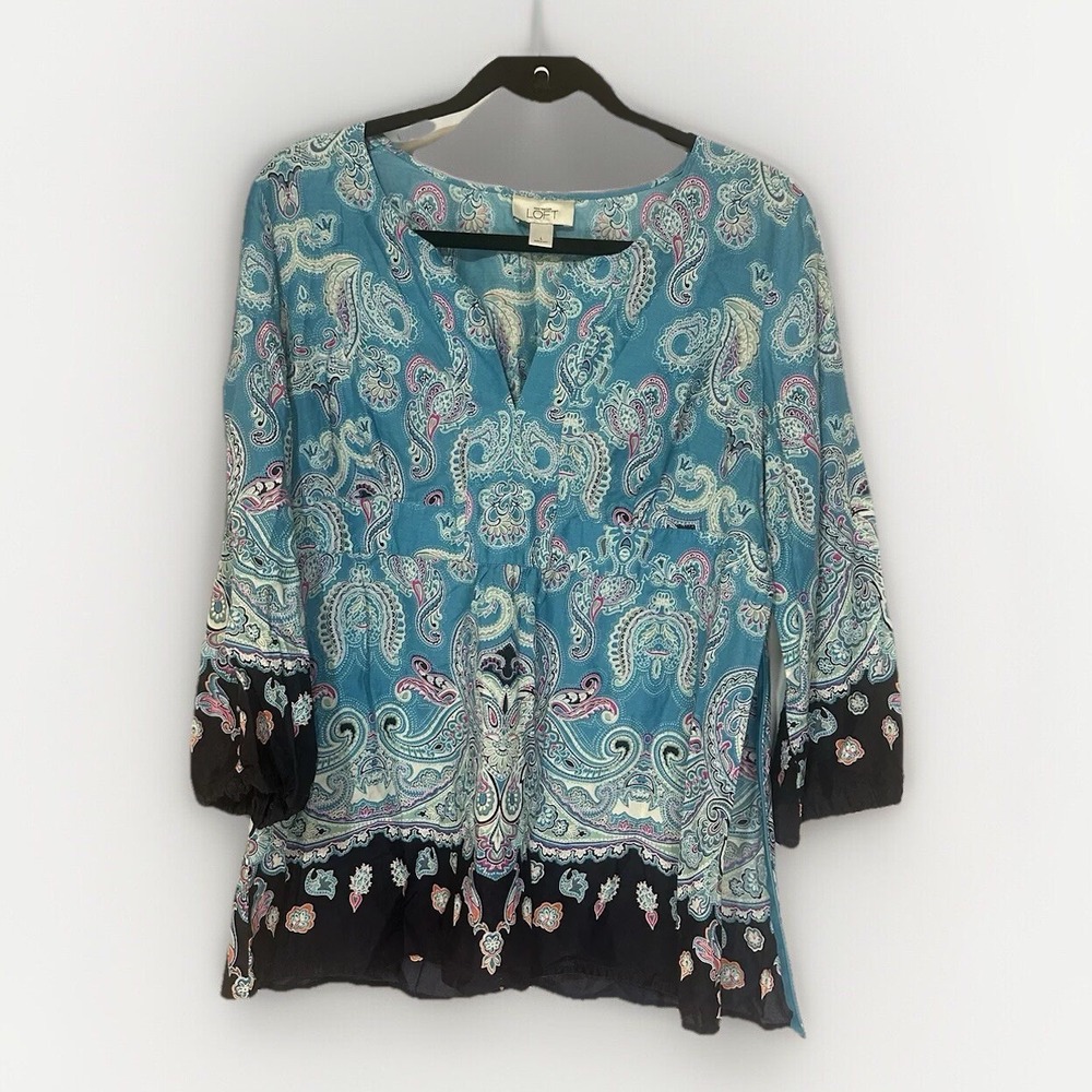 Ann Taylor Loft Women's Large Blue Boho Blouse Paisley‎ Short Sleeve Tunic